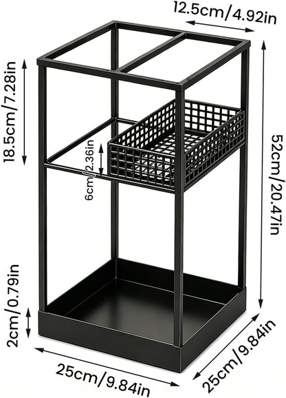 Freestanding Umbrella Stand Rack for Entryway, Metal Umbrella Holder with Removable Drip Tray and Storage Basket, Large Capacity Organizer for Long and Folding Umbrellas Indoor Office Home (Black)