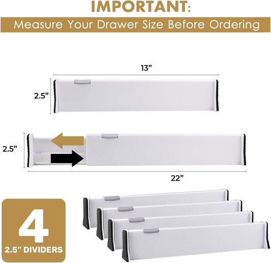 RAPTUROUS Adjustable Deep Drawer Divider – 6" Tall, Expandable 13-22", 4-Pack, Non-Slip Drawer Dividers for Clothes, Dresser, Kitchen & Office Organization (White)