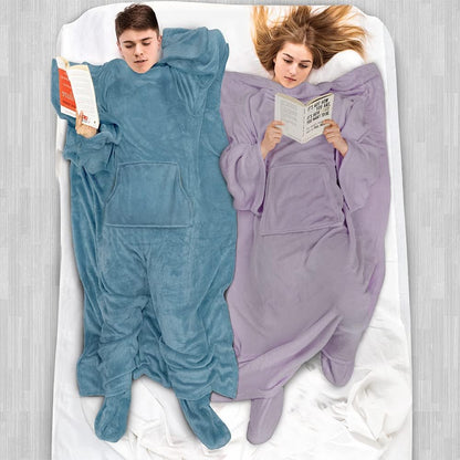 PAVILIA Fleece Blanket with Sleeves and Foot Pockets Women Men, Dark Purple