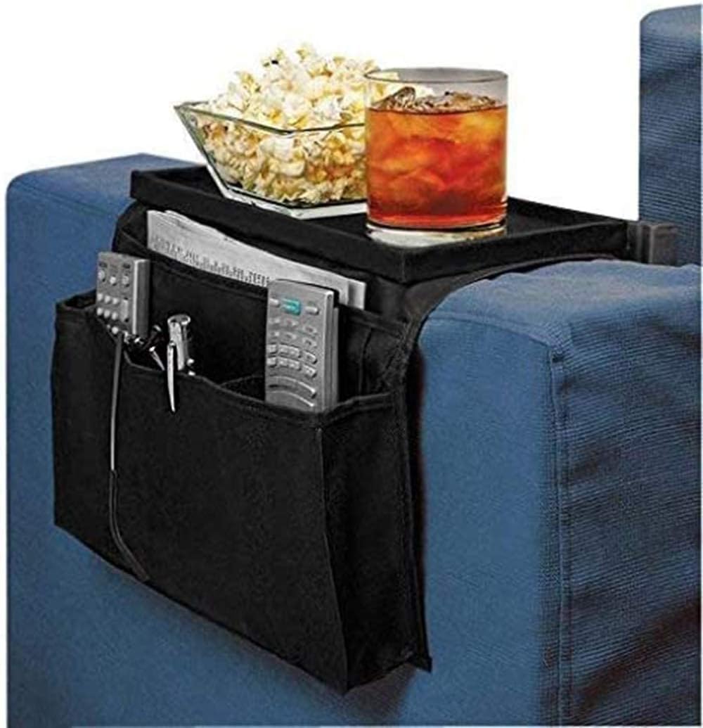 Sofa Armrest Organizer, Couch TV Remote Storage Organizer with Pockets for Recliner Armchair Snacks Glasses Smartphone Magazines Pouch (Black)