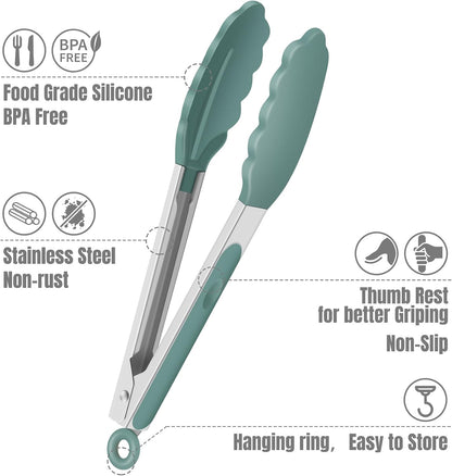 Hotec Mini Silicone Kitchen Tongs for Cooking - 7-Inch Small Serving Tongs with Silicone Tips, Set of 3 (Black,Grey,Light Blue)
