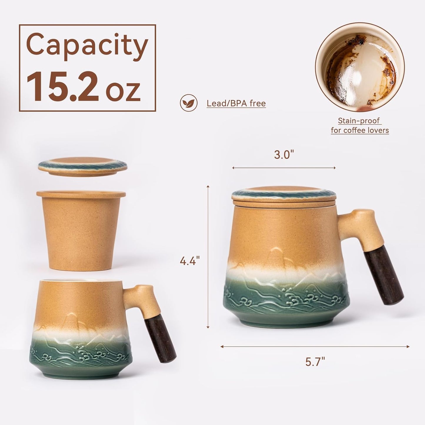Ceramic Tea Mug with Infuser & Lid, 15oz Kiln-Transformed Unique Cup – Nature's Artisan Design, Loose Leaf Tea Cup with Infuser, Insulated Ceramic Coffee Mugs with Lid, Gift for Women/Men