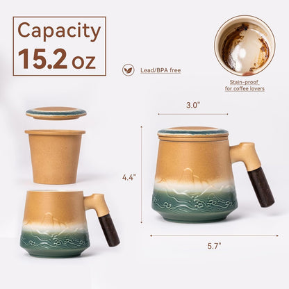Ceramic Tea Mug with Infuser & Lid, 15oz Kiln-Transformed Unique Cup – Nature's Artisan Design, Loose Leaf Tea Cup with Infuser, Insulated Ceramic Coffee Mugs with Lid, Gift for Women/Men