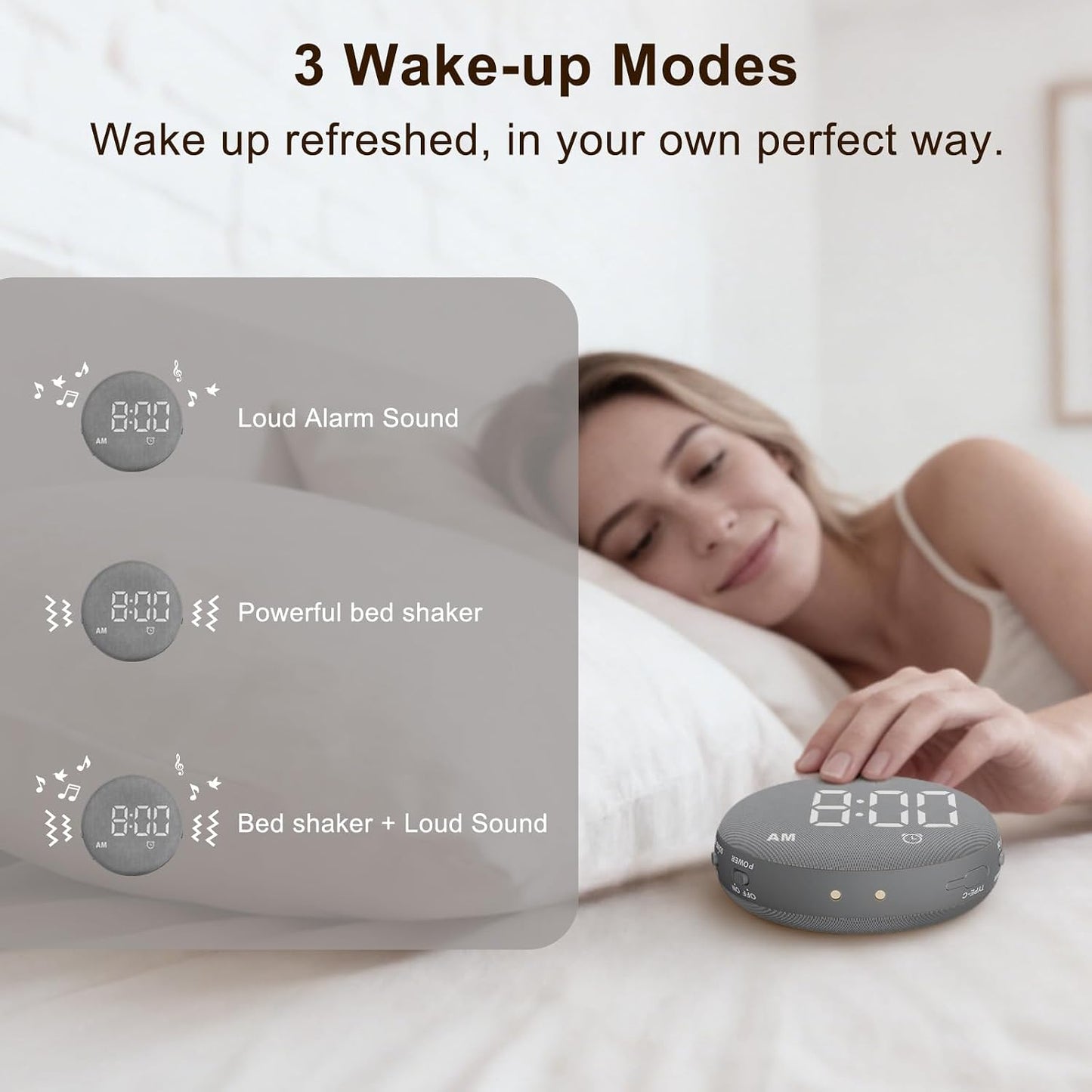 SolaceRise Extra Loud Alarm Clock Vibrating Bed Shaker for Heavy Sleepers | Auto-Dim Digital Clock for Hearing Impaired Deaf - Portable Rechargeable Battery for Bedroom Travel Dorm - Putty