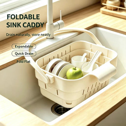 Foldable Hanging Sink Drain Basket, Stretchable Kitchen Sink Strainer, 2026 Upgraded Space-Saving Food Colander, Multifunctional Faucet Basket for Fruits, Vegetables, Pasta & Tableware