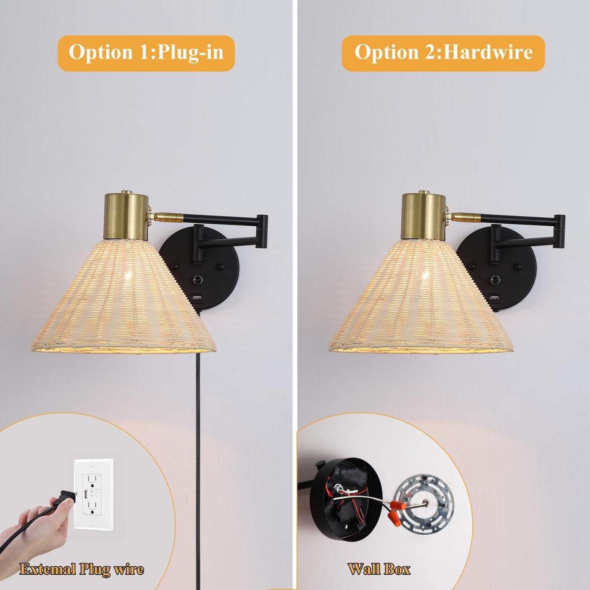 Wall Mounted Lamp Plug in Wall Sconce with Dimmable Switch Swing Arm Wall Lamp Whire Fabric Shade with USB Port Gold Wall Sconce Suitable for Hallway Bedroom Living Room…