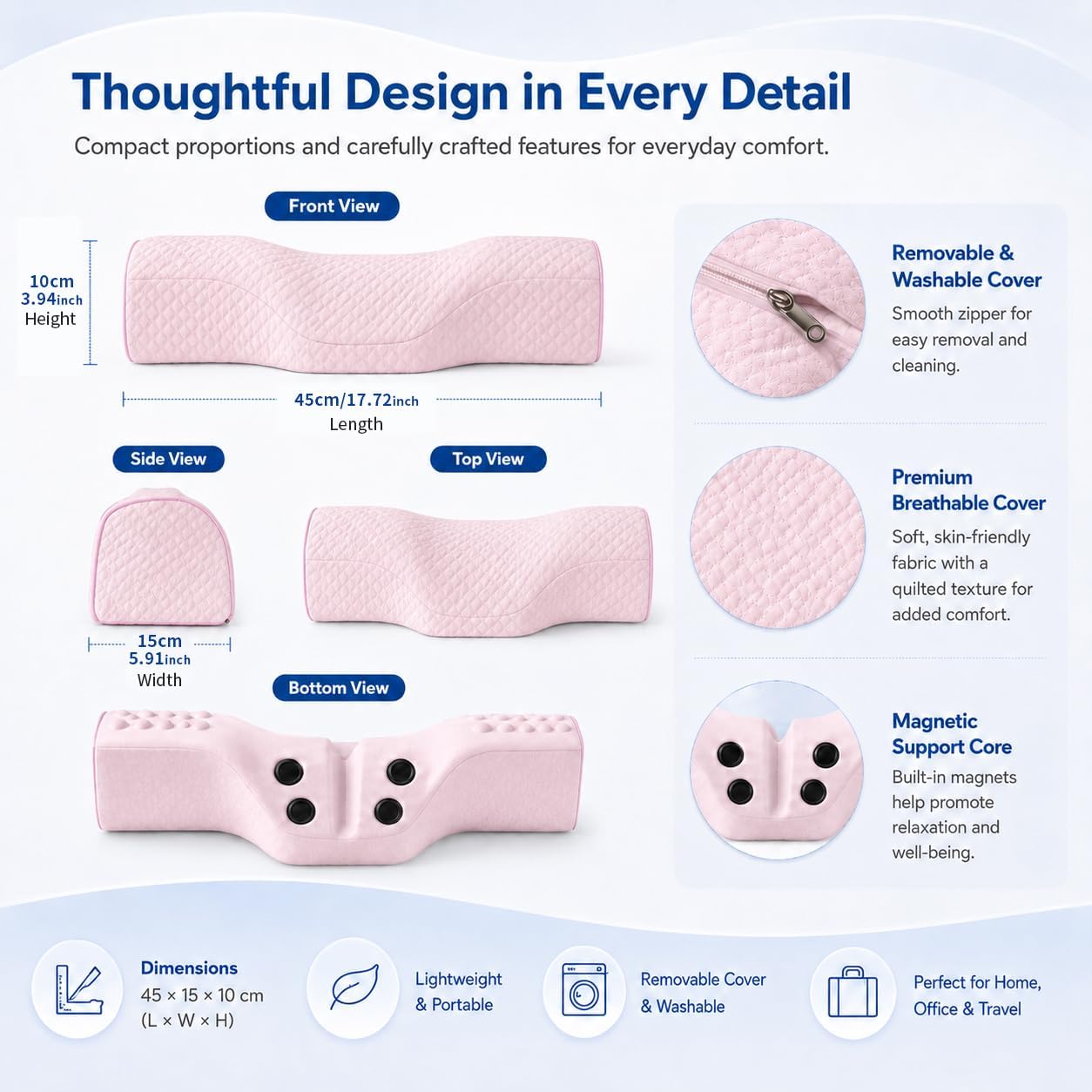 Cervical Neck Pillow, Memory Foam Neck Bolster for Sleeping, Washable Cover | polyester cover, slow rebound foam, magnet filling, raised dot texture, removable washable case, bed office chair travel