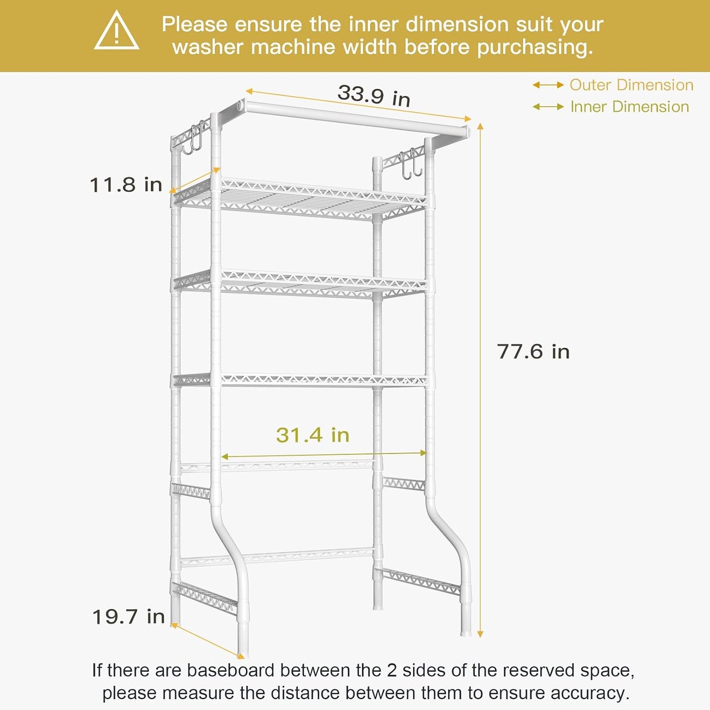 U11 Over Washer and Dryer Shelves, 3 Tiers Laundry Room Storage and Organizer Standing Shelf, Metal Freestanding Clothes Drying Rack, 33.9" W x 19.7" D x 77.6" H, Black