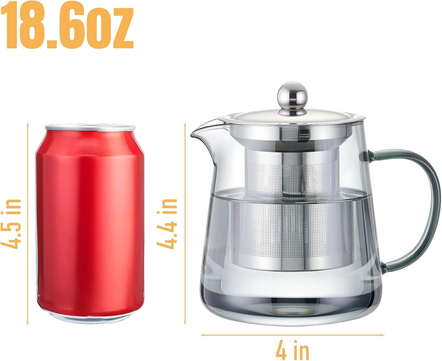 PARACITY Glass Teapot Stovetop 22 OZ/650ml, Tea pot with Removable 18/8 Stainless Steel Infuser, Borosilicate Clear Tea Kettle, Teapot Blooming and Loose Leaf Tea Maker Tea Brewer for Camping, Travel | Clear small tea kettle with infuser and tea pot with