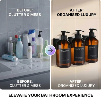 Shampoo and Conditioner Dispenser Set of 3 for Wall Mount | 16.9 fl oz Drill Free Shower Soap Bottles,Refillable Body Wash Dispensers for Bathroom Decor (Amber Bottles + Bamboo Pumps)