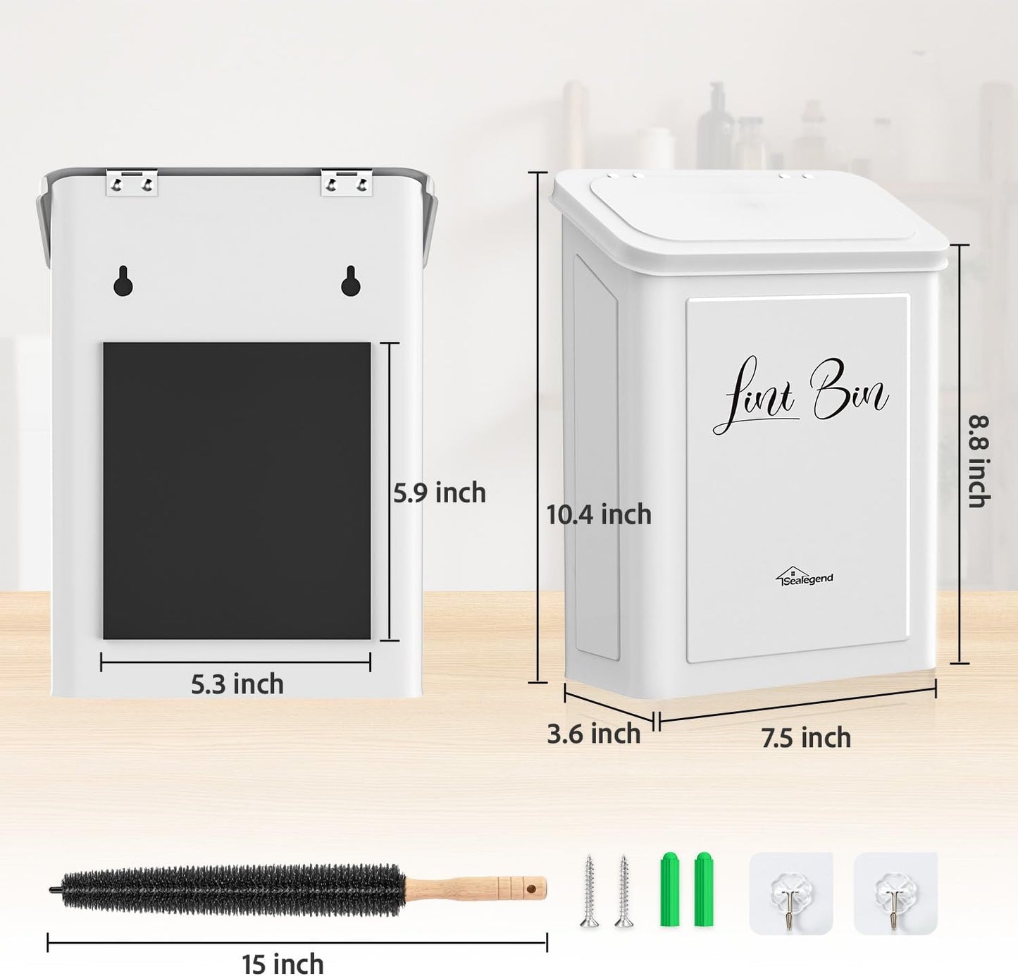Sealegend Magnetic Metal Lint Bin with Lid, Trash Can with Brush, White | Collect Dryer Lint Easily, Space-Saving Laundry Room Organization & Storage