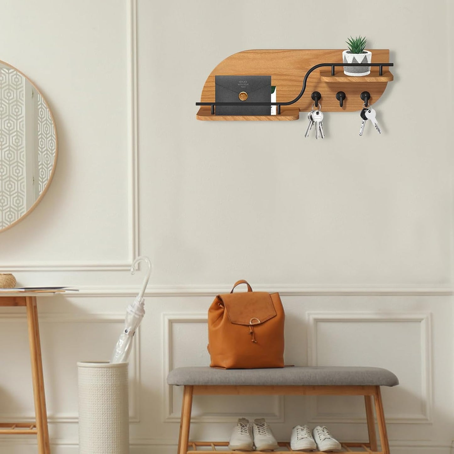 Key Holder for Wall, Decorative Key and Mail Organizer with 3 Metal Hooks and 2 Shelves, Wood Wall Mounted Key Rack for Entryway, White