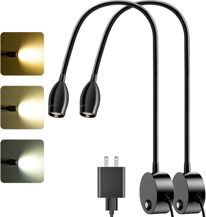 Wall Mounted LED Reading Light with 15" Flexible Gooseneck, Dimmable Book Light for Reading In Bed with USB Charging Port, Plug In Headboard Night Lights, 3 Colors Temperature, Touch Control-2 Pack