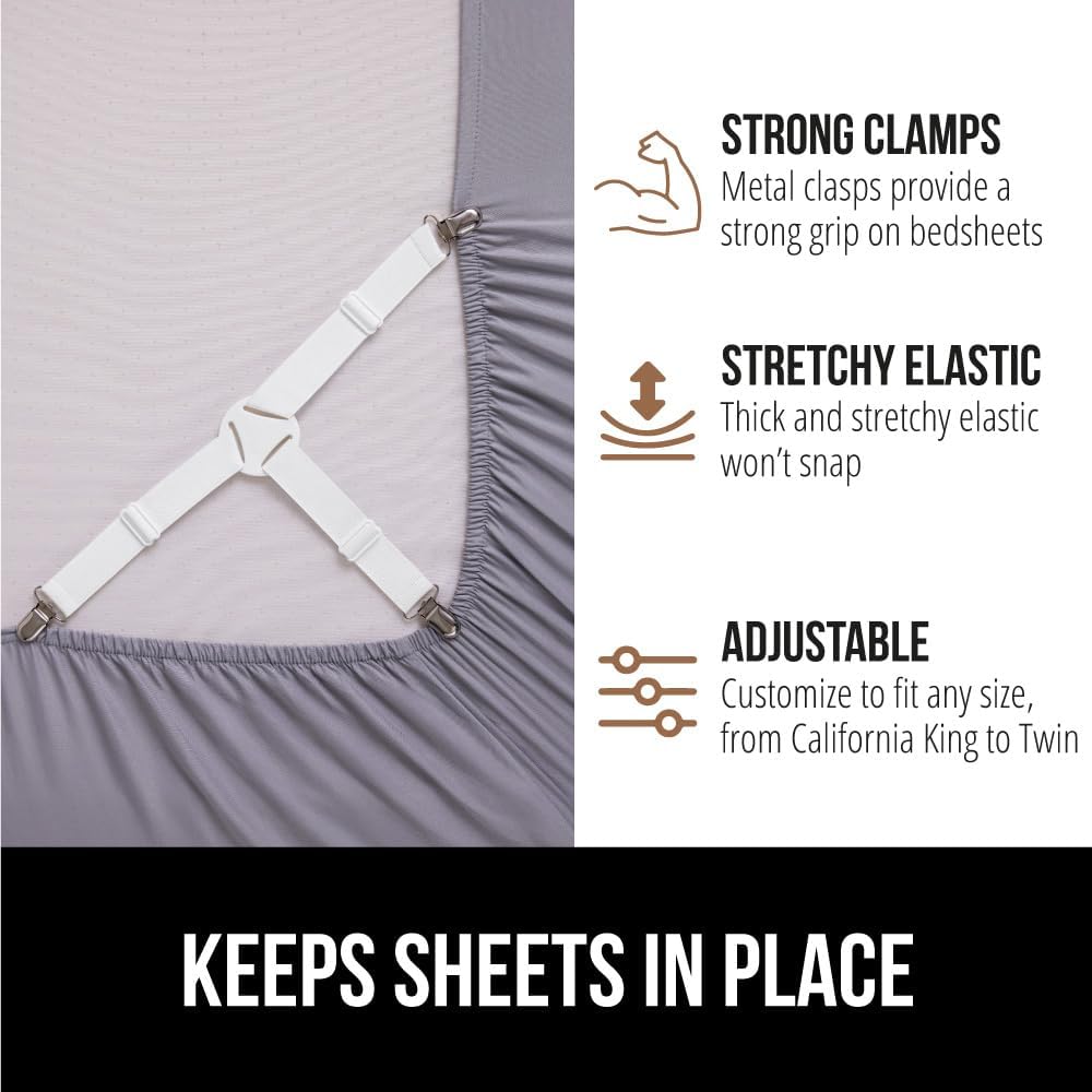 GORILLA GRIP Patented Bed Sheet Holders, Adjustable Elastic Fasteners with Metal Clips, Keep in Place Fitted Bedding Straps, Firm Tight Suspenders for Mattress, US Designed, 4 Pack Black