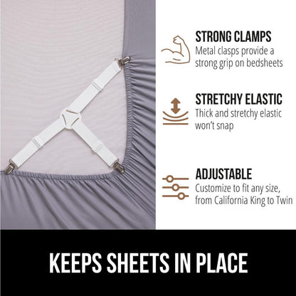 GORILLA GRIP Patented Bed Sheet Holders, Adjustable Elastic Fasteners with Metal Clips, Keep in Place Fitted Bedding Straps, Firm Tight Suspenders for Mattress, US Designed, 4 Pack Black