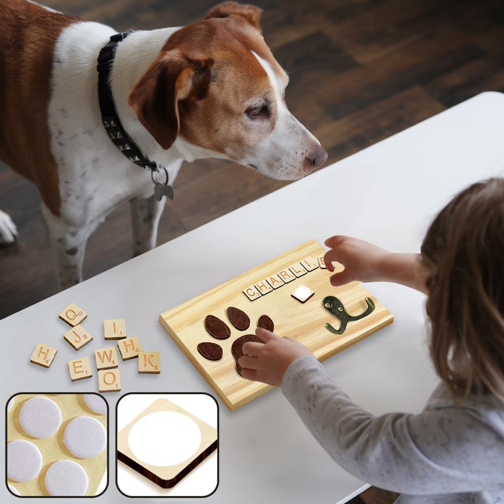 Dog Leash Holder Wall Mount, Pet Harness Hanger with Scrabble Letters, Dog Collar Organizer for Entryway, Memorial Cat Leash Holder for Wall, Pet Loss Gifts, Keepsake, Home Decor PF212-NAT