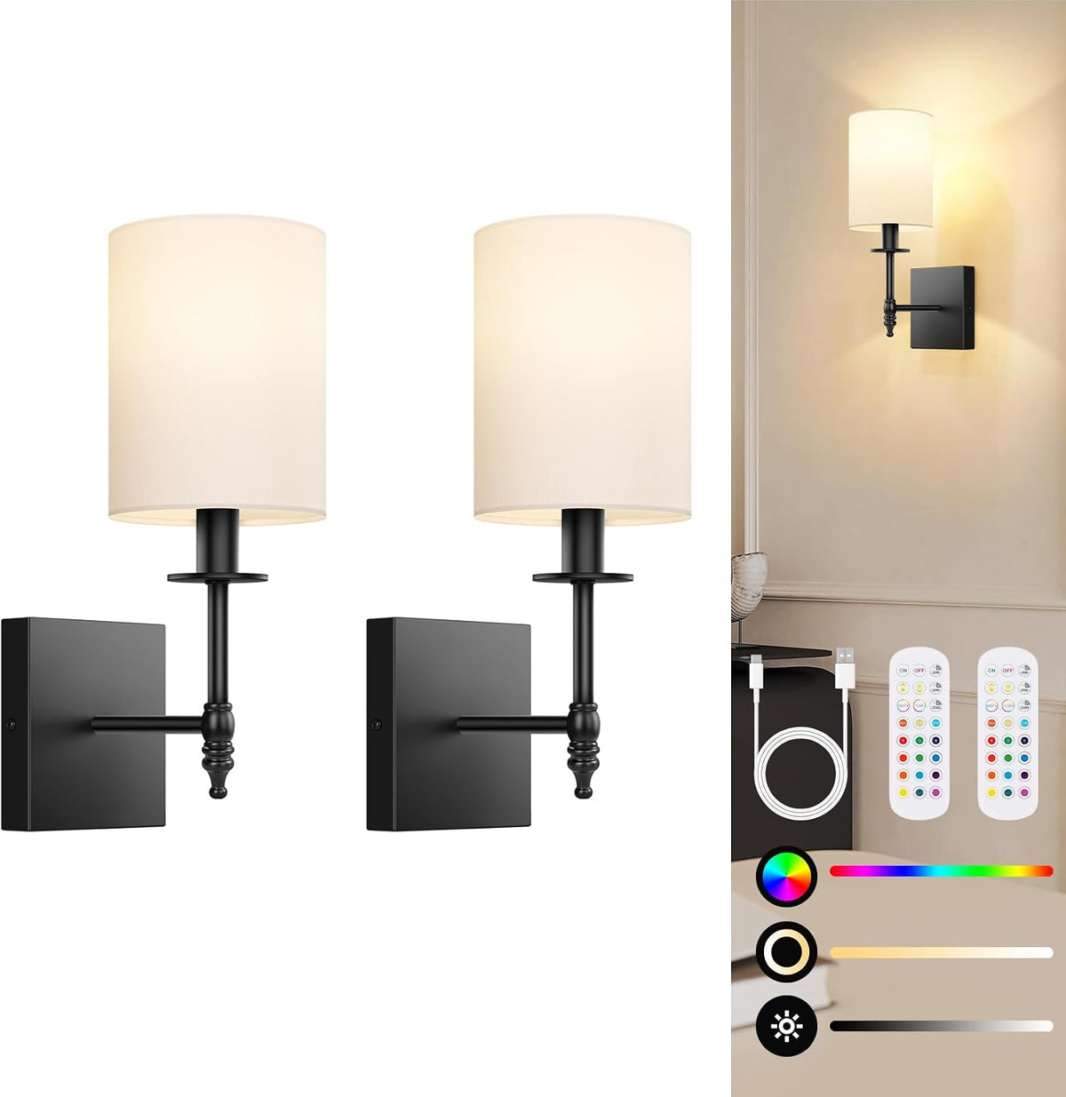 Battery Operated Wall Sconces Set of 2, Rechargeable Sconces with Remote