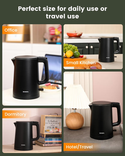Electric Kettle Small for Tea & Coffee, 0.8L (27OZ) Double Wall Stainless Steel Hot Water Boiler, Fast Boiling Water Heater & Teapot with Auto Shut-Off, Boil-Dry Protection
