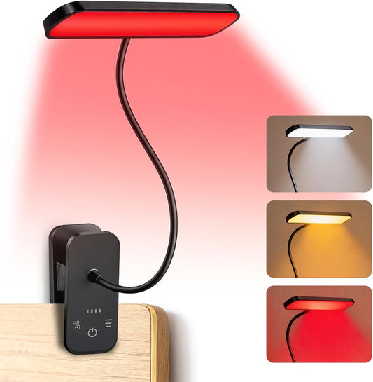 670nm Red Light Reading Lamp,Rechargeable Clip Book Light, 3 Color Modes, Touch Dimming, No Blue Light, Portable Cordless Reading Lamp for Bedroom Office Students (Black)