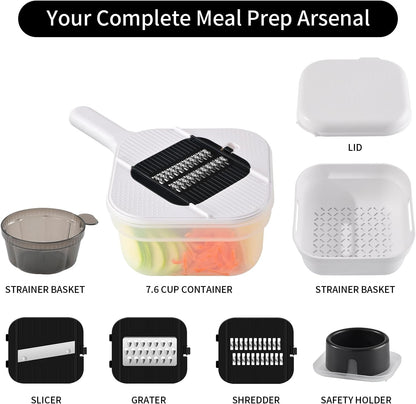 Vegetable Chopper, 3 Blade Veggie Chopper with 7.6 Cup Container, Mandoline Slicer Fruit Cutter with Strainer Basket & Safety Holder, BPA & PFAS Free Food Chopper for Onion Potato Carrot