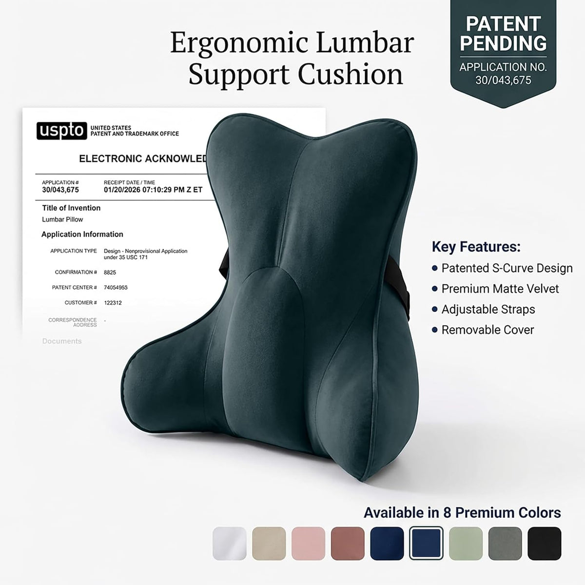 Lumbar Support Pillow(Pat. Pend) – Multi-Functional Ergonomic Back Cushion for Sofa Chair, Car Seat & Sofa, Reading Pillow with Firm Multi-Zone Support to Relieve Lower Back Pain, Misty White