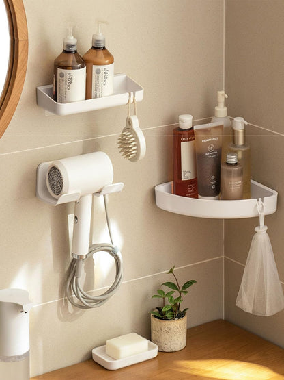 Universal Hair Dryer Holder, Self Adhesive Wall Mount, White | Universal storage rack fits most brand blow dryers, ideal for bathroom organization