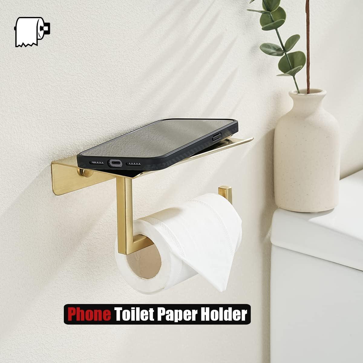 JQK Toilet Paper Holder Shelf, Bathroom Tissue Roll Holder with Phone Shelf, 5 Inch 304 Stainless Steel Tissue Paper Dispenser, Matte Black Wall Mount, TPH202-PB