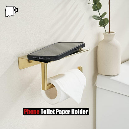 JQK Toilet Paper Holder Shelf, Bathroom Tissue Roll Holder with Phone Shelf, 5 Inch 304 Stainless Steel Tissue Paper Dispenser, Matte Black Wall Mount, TPH202-PB