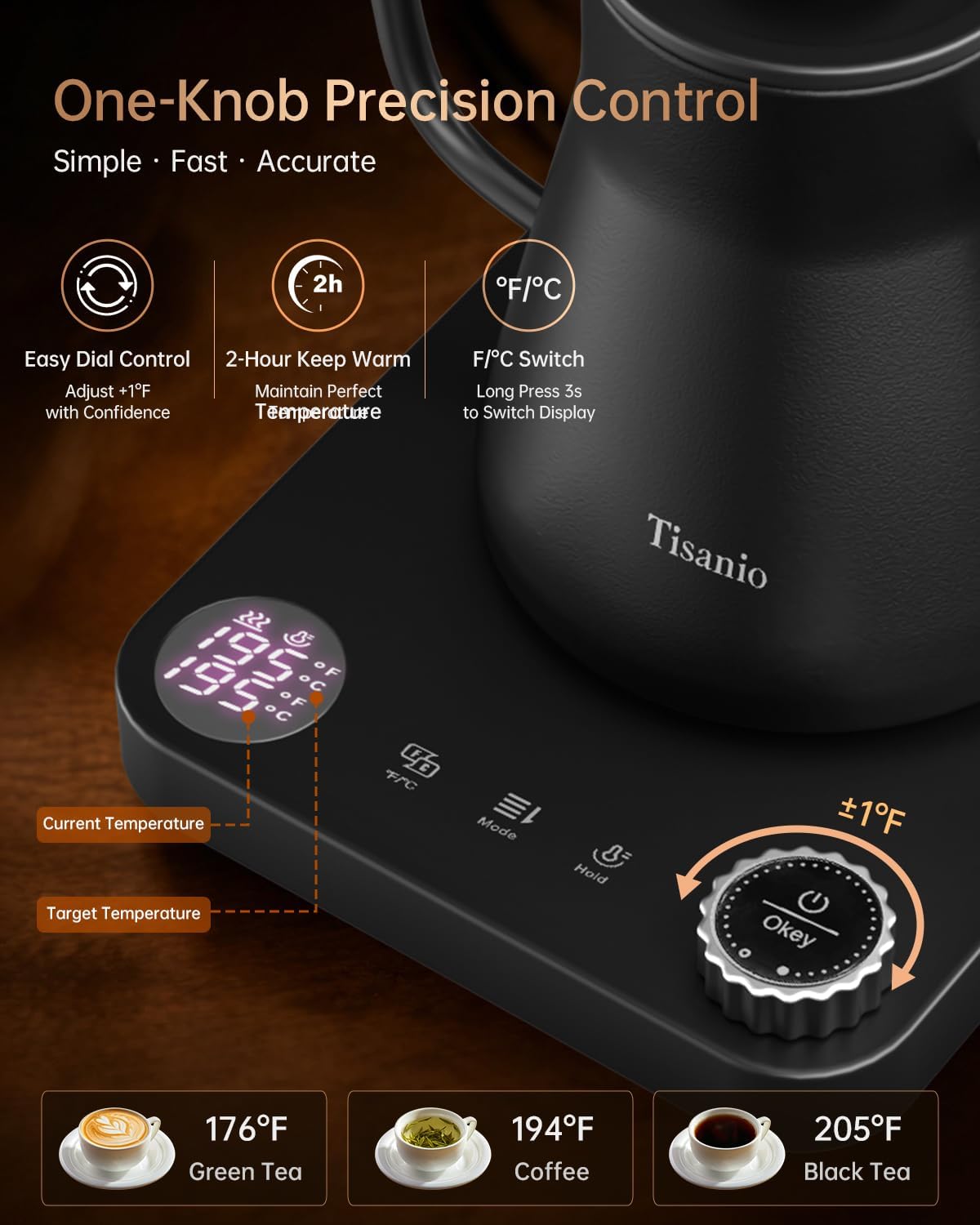 Gooseneck Electric Kettle with Temperature Control, 0.9L, Black | ±1°F Precision Pour Over Kettle, LCD Dual Display, Smart Two-Stage Heating, 2H Keep Warm, 304 Stainless Steel Interior
