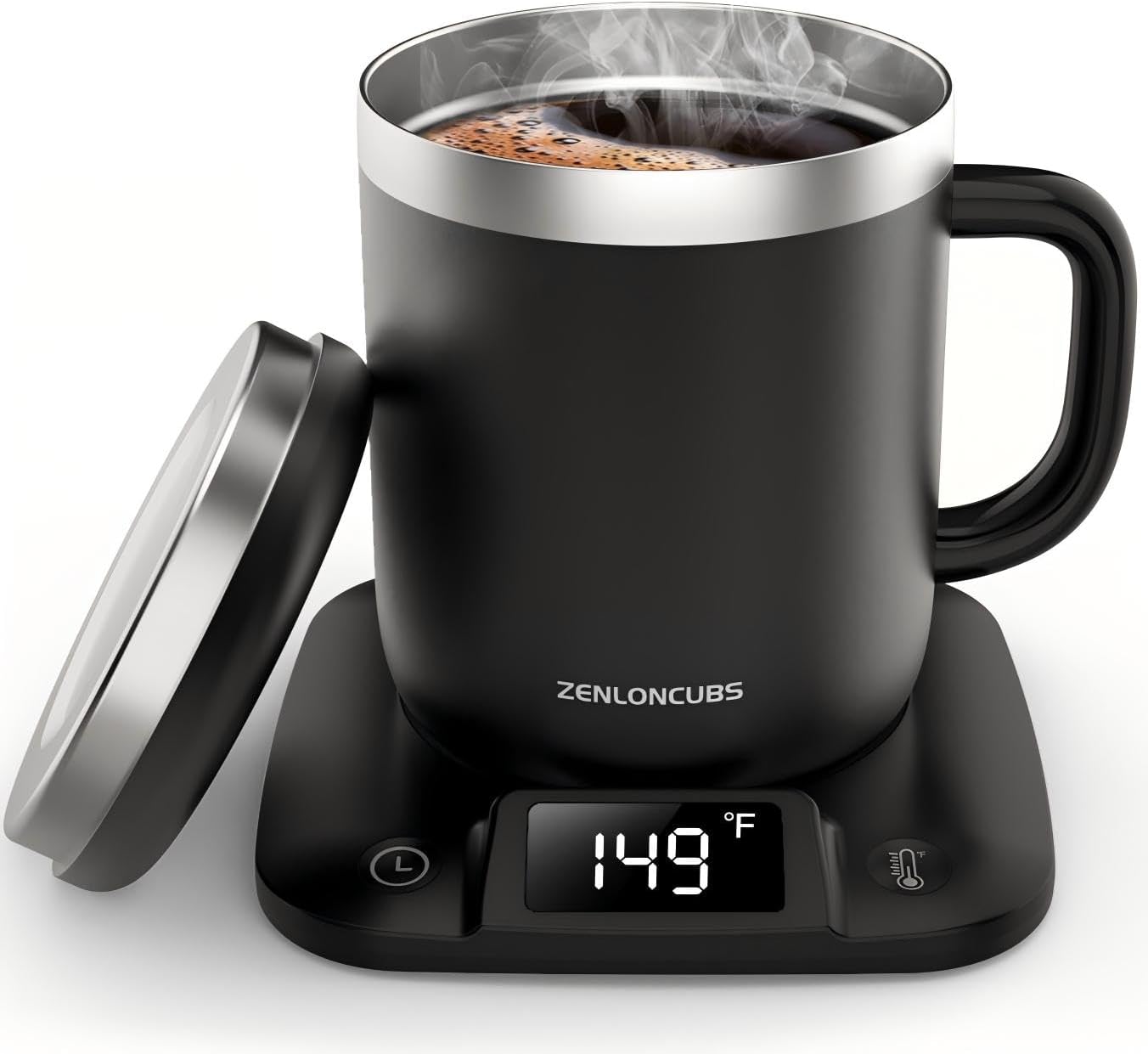 Smart Electric Heated Coffee Mug with Temperature Control, 5 Settings & Display, Auto Shut-Off, Fast Heating Warmer Set with Stainless Steel Coffee Mug (14oz-Black)