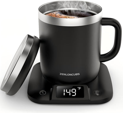 Smart Electric Heated Coffee Mug with Temperature Control, 5 Settings & Display, Auto Shut-Off, Fast Heating Warmer Set with Stainless Steel Coffee Mug (14oz-Black)