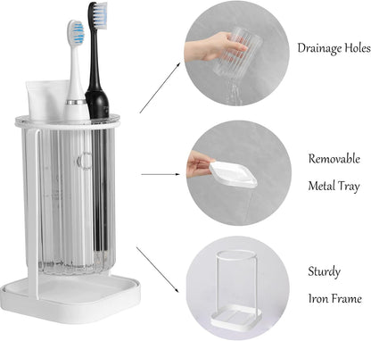 Toothbrush Holders with Drain Tray, Hanging Toothbrush and Toothpaste Holder Organizer Bathroom Caddy Countertop for Toothpaste, Razors, Electric Toothbrush - Clear | Detachable, Easy to Clean, Bathroom Organizer for Electric Toothbrush, Razors
