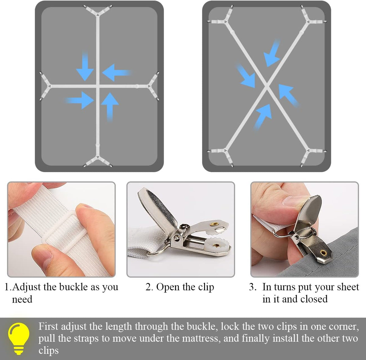 ZHOUBIN Sheet Suspenders Clips, Bed Sheet Straps Mattress Sheet Holders for Twin, Full, Queen, King - Keep Sheets in Place Corner Sheet Grippers Fasteners Sheet Stays