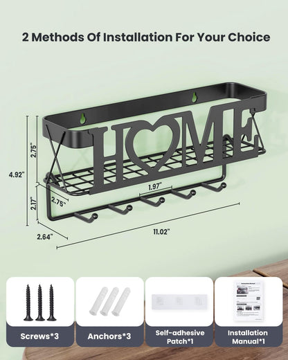 Key Holder for Wall - Key Rack with 5 Key Hooks, 11.02" L×2.75" W×4.92" H, Key and Mail Organizer Wall Mount with Mesh Basket, Key Hanger for Wall, Entryway, Home Decor(Matte Black)