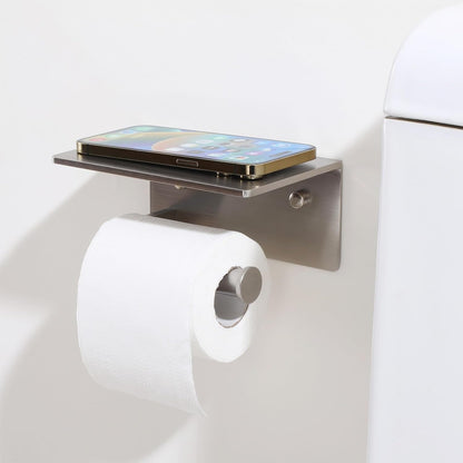 Toilet Paper Holder with Shelf, Adhesive or Screw Wall Mount Toilet Roll Holder for Bathroom, Rustproof Solid Aluminum Commercial Toilet Tissue Holder with Storage, Brushed Nickel