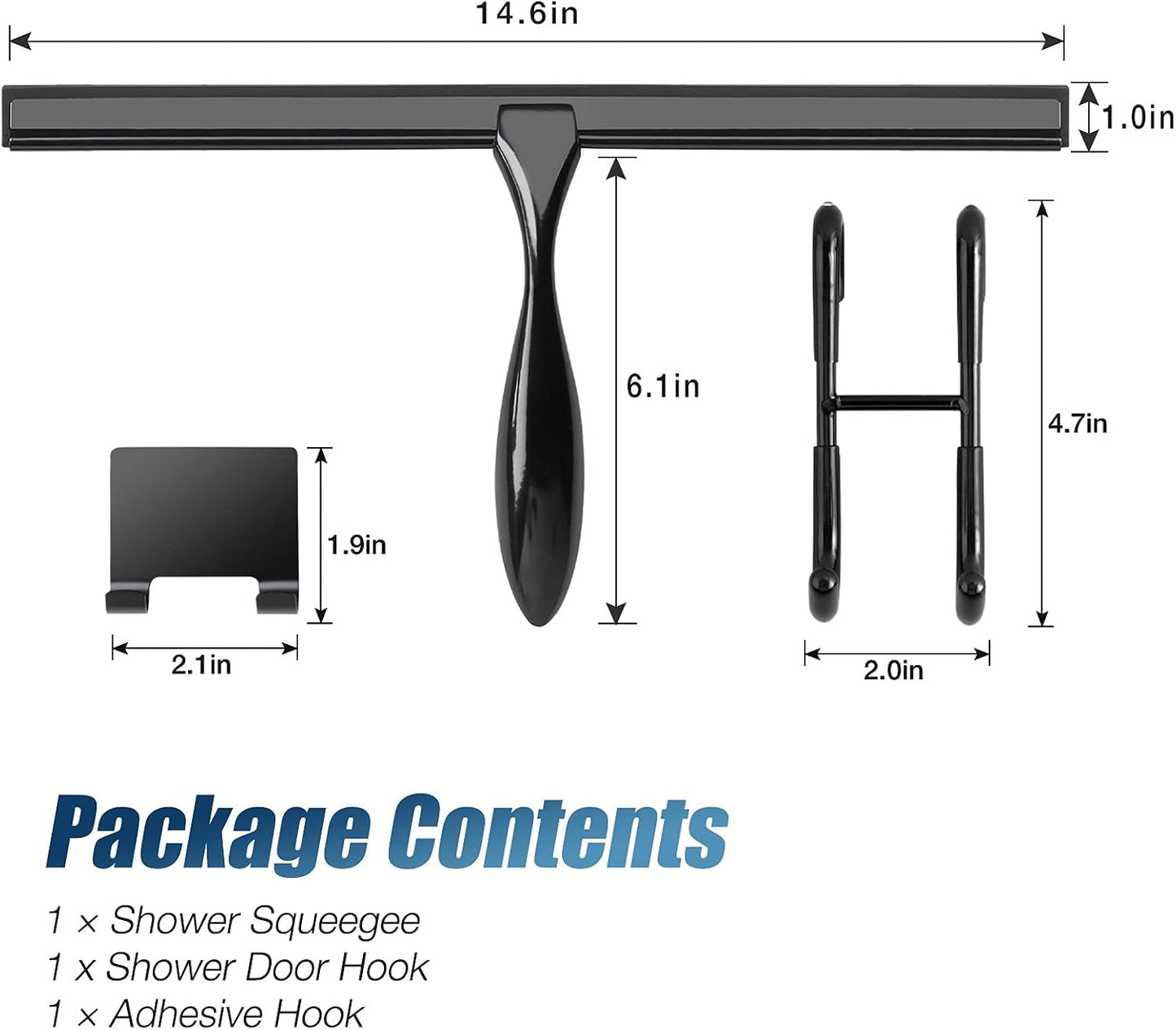 12-Inch Shower Squeegee Set, Includes Shower Door Hook and Adhesive Hook, Squeegee for Shower Doors, Mirror and Window, Silver