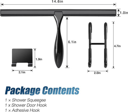12-Inch Shower Squeegee Set, Includes Shower Door Hook and Adhesive Hook, Squeegee for Shower Doors, Mirror and Window, Silver