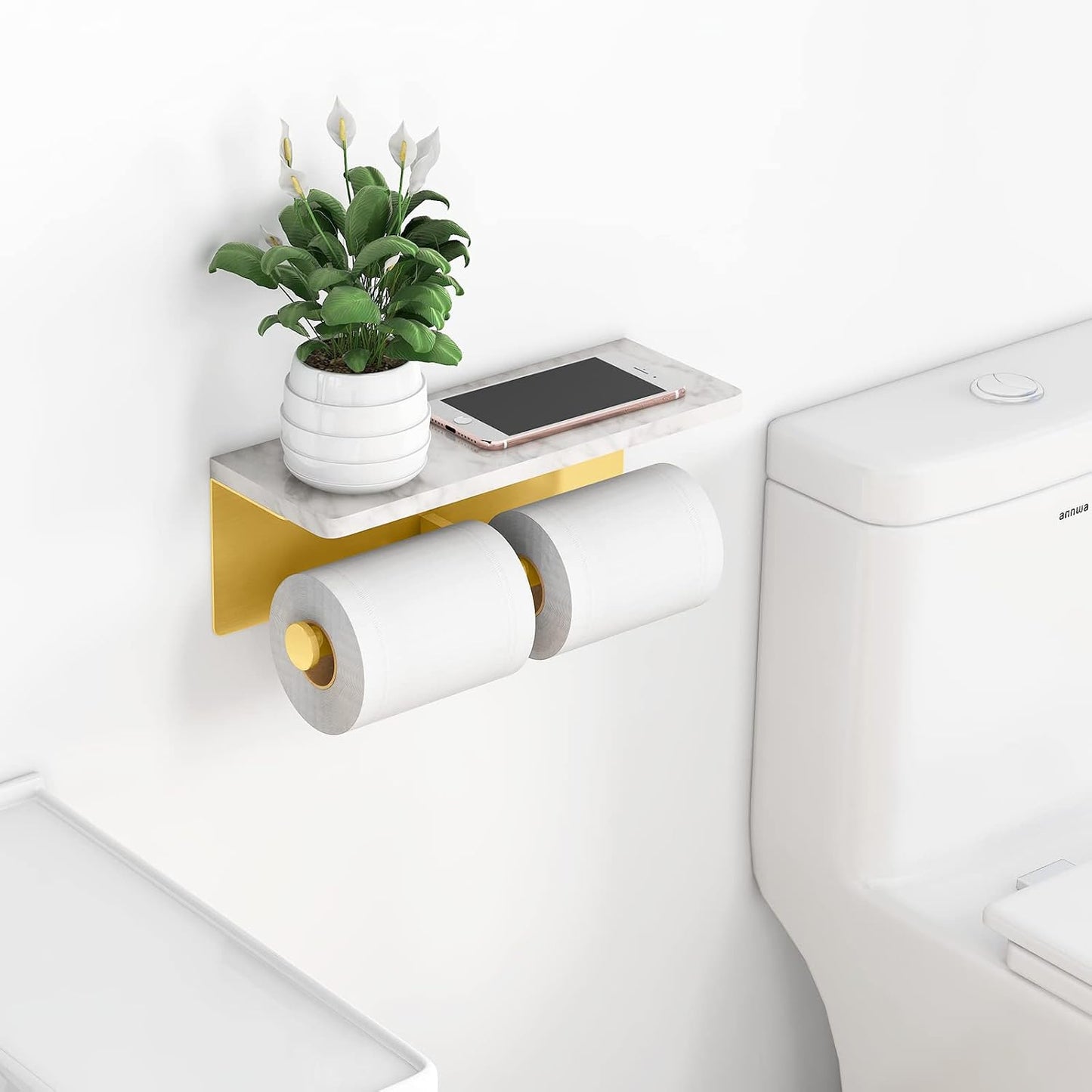 Gypie Marble Toilet Paper Holder with Shelf, Wall Mounted Matte Black | Stainless Steel Tissue Roll Paper Holder Dispenser for Bathroom Washroom