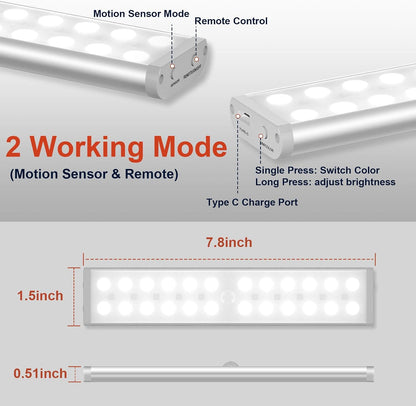 Diomart Motion Sensor Under Cabinet Lighting, RGB Rechargeable, 4 Pack | 58 LEDs,15 RGB colors. Remote & motion sensor dual control. Dimming, Auto-off timer