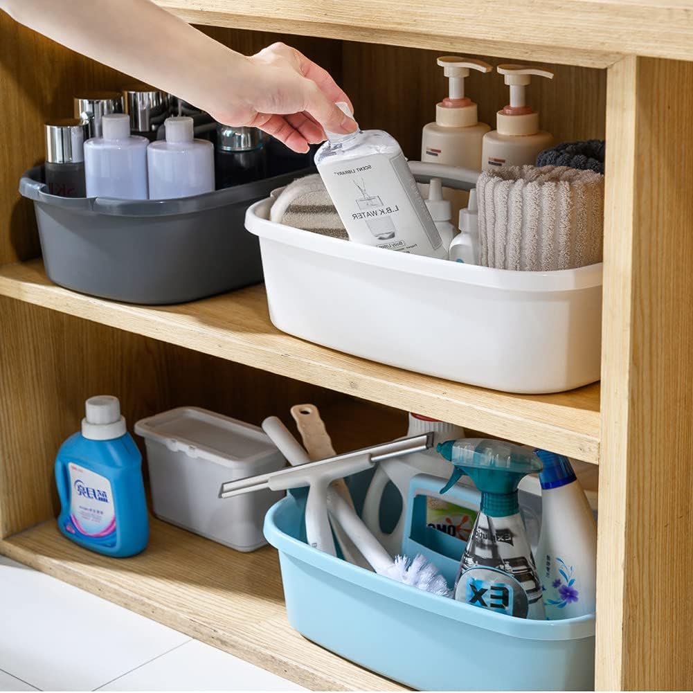 Large Plastic Cleaning Supply Caddy with Handle, Portable Cleaning Tool Storage Tote for Dorm, Bath, Pantry (Dark Grey)