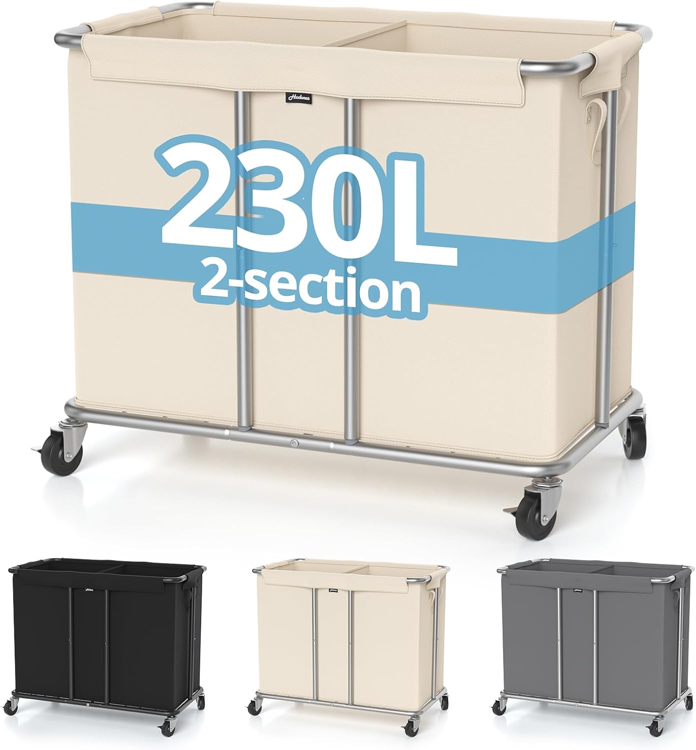 Hodonas Rolling Laundry Hamper 2-Section, Beige, 31.5"Lx15.75W"x30.7"H | 230L(61Gal) Storage Capacity, with Metal Structure, Removable Liner, and Silent Casters, Sturdy Clothes Hamper for Home