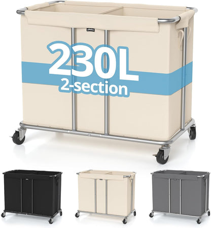 Hodonas Rolling Laundry Hamper 2-Section, Beige, 31.5"Lx15.75W"x30.7"H | 230L(61Gal) Storage Capacity, with Metal Structure, Removable Liner, and Silent Casters, Sturdy Clothes Hamper for Home