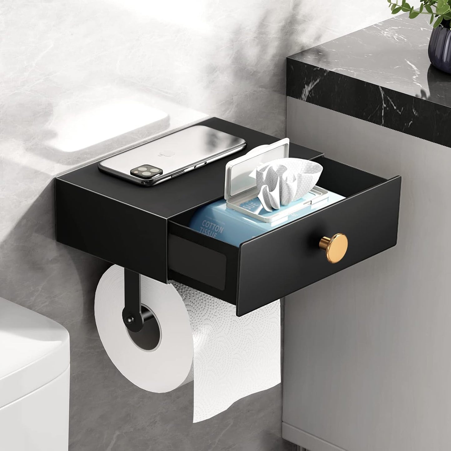 VOLDRA Toilet Paper Holder with Shelf Black Wipes Dispenser for Bathroom Toilet Paper Holder with Storage Upgrade Drawer Design Toilet Tissue Holder Adhesive Small Bathroom Shelf Wall Mount