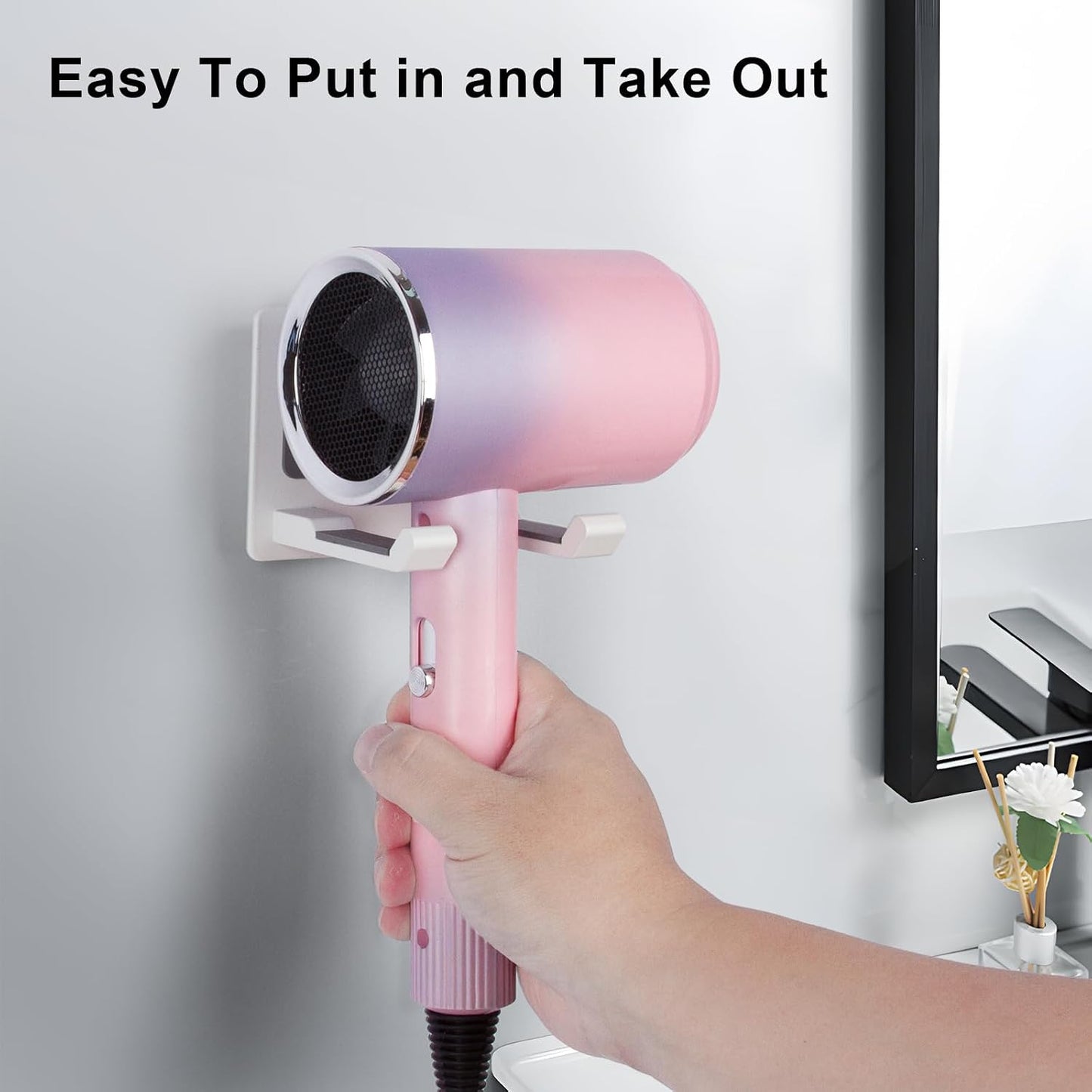 Universal Hair Dryer Holder, White | Wall Mount for Bathroom & Cabinet, Self-Adhesive Option, Blow Dryer Stand & Tool Organizer, Space-Saving Design