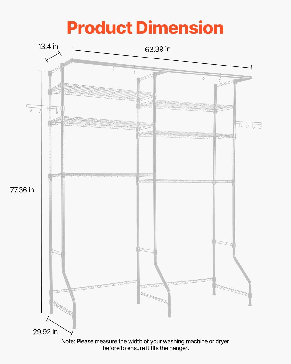 VEVOR Over the Washer and Dryer Storage Shelf, 5 Tier Laundry Room Drying Rack with Hanger Rod and Hooks, Adjustable Over Washer and Dryer Shelves, Laundry Room Shelf Storage Space Saver, White