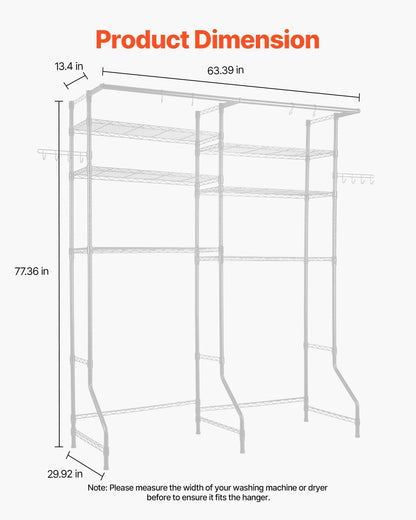 VEVOR Over the Washer and Dryer Storage Shelf, 5 Tier Laundry Room Drying Rack with Hanger Rod and Hooks, Adjustable Over Washer and Dryer Shelves, Laundry Room Shelf Storage Space Saver, White