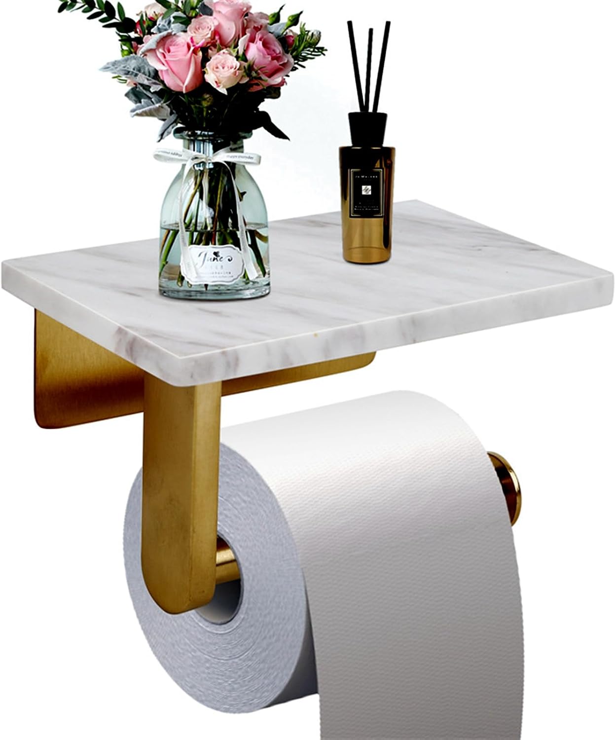 Toilet Paper Holder with Natural Marble Shelf for Bathroom Washroom,Wall Mounted Tissue Holder Suitable for Mega Roll (Brushed Nickel,Small 6.7 * 4.3 in)