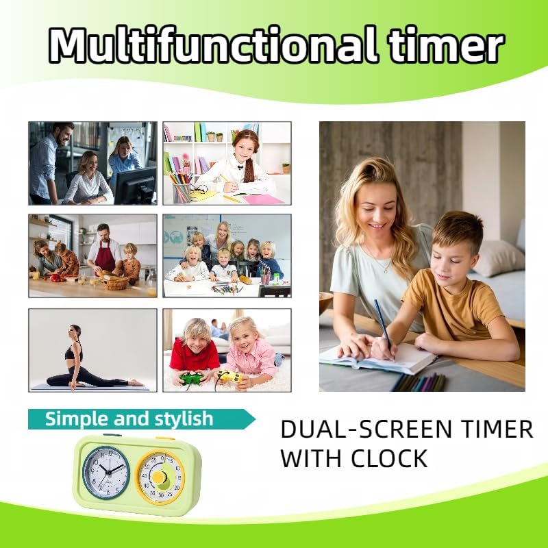 Visual Timer for Kids with Clock, 60 Minute Countdown Timer for Classroom, Home, Kitchen, Work, Dual-Screen Pomodoro Timer with Alarm Clock, Silent Time Management Tool with Night Light (Blue)