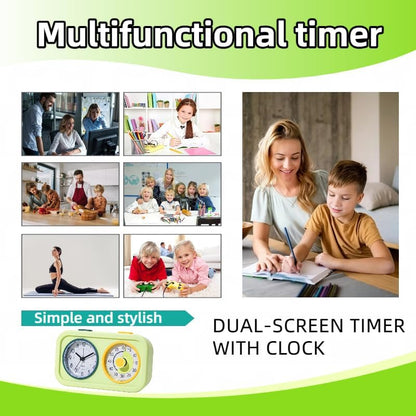 Visual Timer for Kids with Clock, 60 Minute Countdown Timer for Classroom, Home, Kitchen, Work, Dual-Screen Pomodoro Timer with Alarm Clock, Silent Time Management Tool with Night Light (Blue)