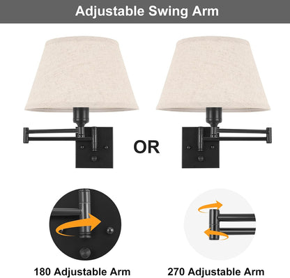TRLIFE Wall Sconce Plug in, Dimmable Wall Sconces Set of Two Swing Arm Wall Lights with Plug in Cord and On/Off Dimmer Rotary Switch, 9.4" Medium Beige Fabric Shade(2 Pack, 2 Bulbs)